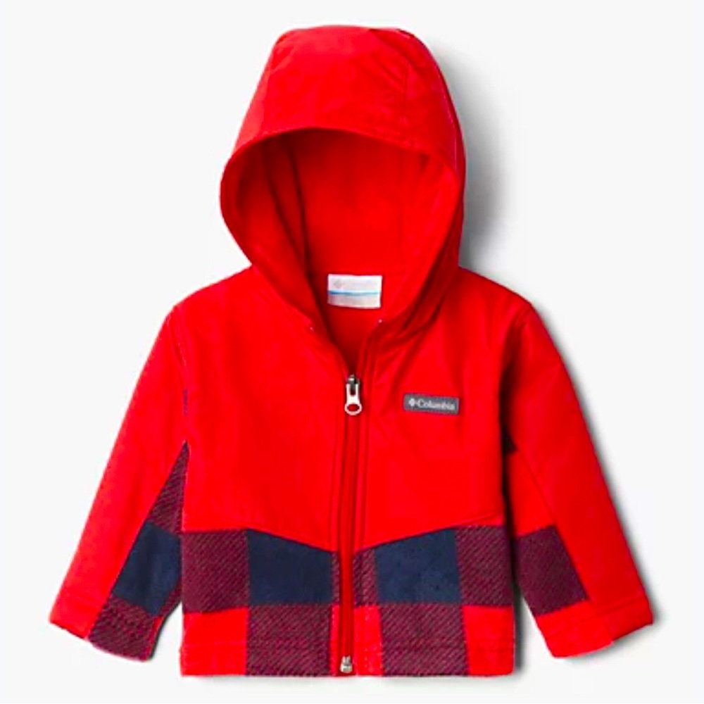 NEW! Baby COLUMBIA Steens Mountain Overlay Hooded Fleece Jacket Red Plaid 3-6 M - Picture 1 of 8